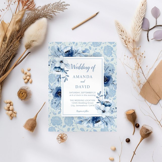 Dusty Blue Floral Elegant Wedding Invitation (Creator Uploaded)