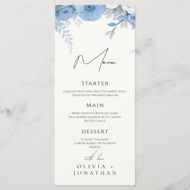 Dusty Blue Floral Elegant Wedding Menu (Front)