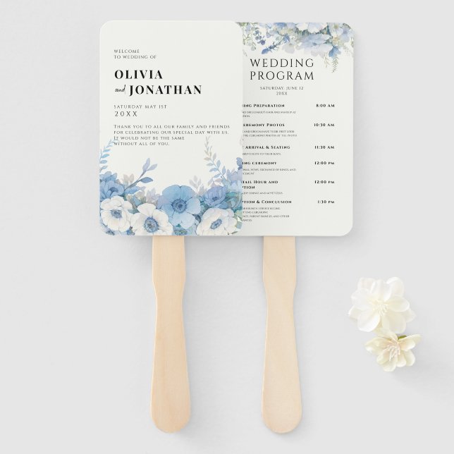 Dusty Blue Floral Elegant Wedding Programs Hand Fan (Front and Back)