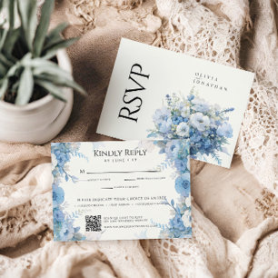 Dusty Blue Floral Elegant Wedding RSVP Card