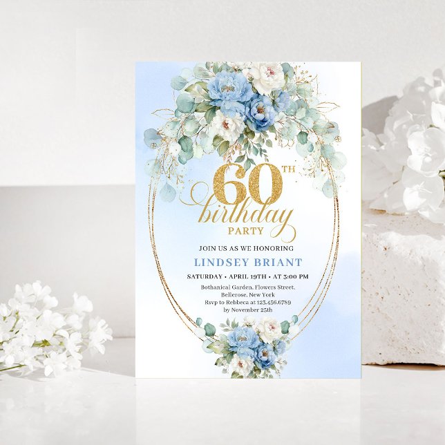 Dusty Blue Floral Eucalyptus 60th Birthday Invites (Dusty Blue Floral Eucalyptus 60th Birthday Invitation)