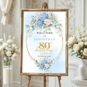 Dusty Blue Floral Eucalyptus 80th birthday welcome Poster