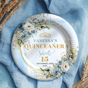 Dusty Blue Floral Eucalyptus Gold Glitter Custom Paper Plate