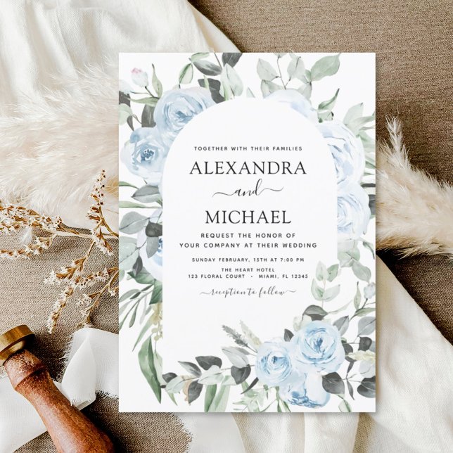Dusty Blue Floral Eucalyptus Greenery Wedding Invitation (Creator Uploaded)