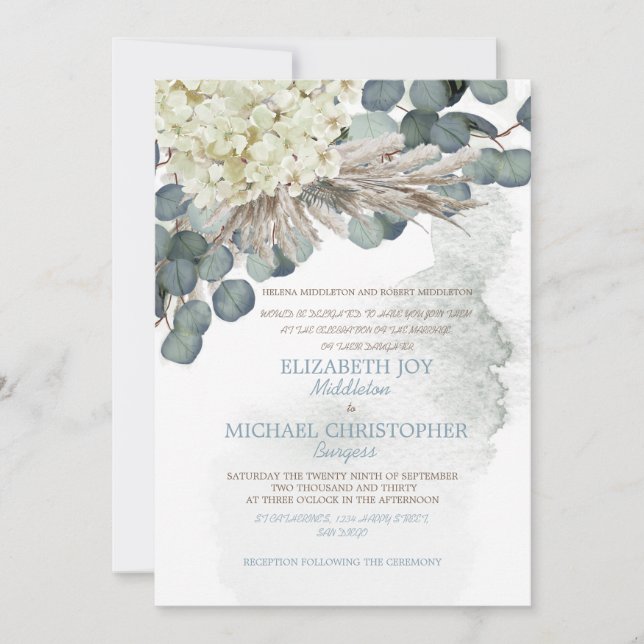 Dusty Blue Floral Eucalyptus Leave Elegant Wedding Invitation (Front)