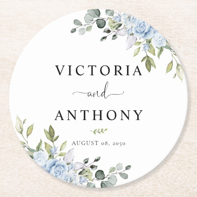 Dusty Blue Floral Eucalyptus Round Wedding Coaster (Front)