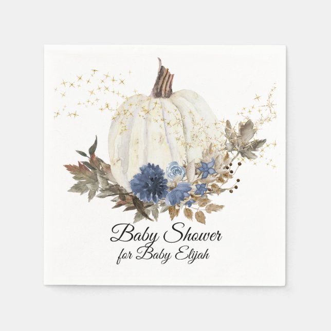 Dusty Blue Floral Fall Pumpkin Gold Baby Shower Napkin (Front)