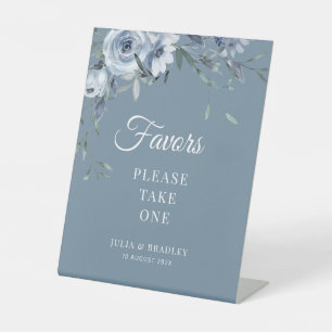 dusty blue floral favours wedding sign