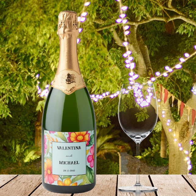 Dusty Blue Floral Fiesta Mexican Wedding  Sparkling Wine Label (Creator Uploaded)