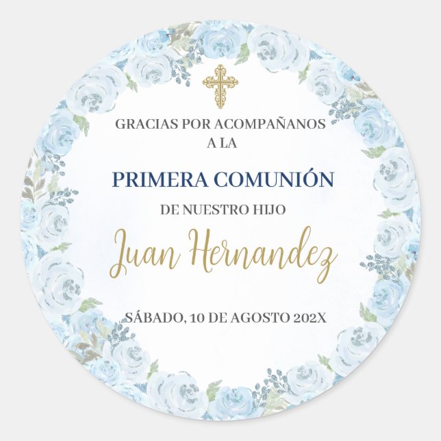 Dusty Blue Floral First Comunion Invitation Classic Round Sticker (Front)