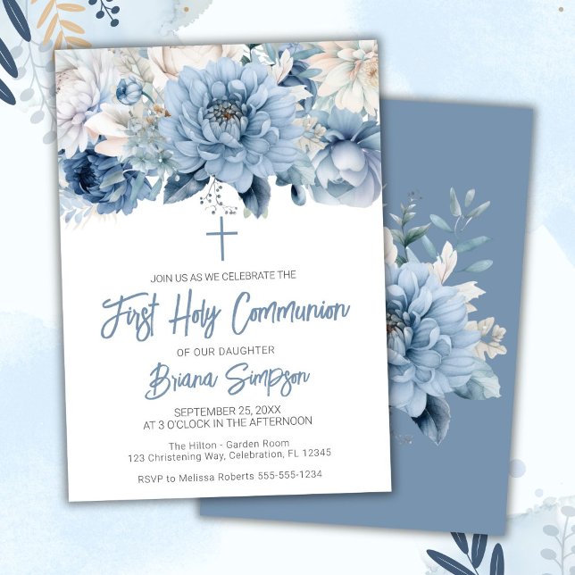 Dusty Blue Floral First Holy Communion Invitation (Creator Uploaded)