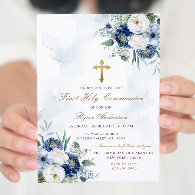Dusty Blue Floral First Holy Communion  Invitation (Creator Uploaded)