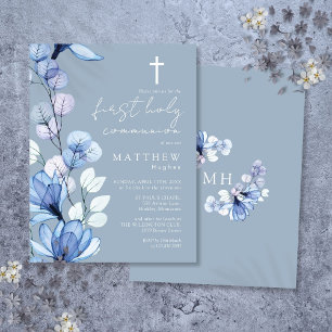Dusty Blue Floral First Holy Communion Invitation Postcard