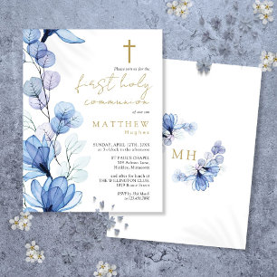 Dusty Blue Floral First Holy Communion Invitation Postcard