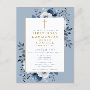 Dusty Blue Floral First Holy Communion Invitation Postcard