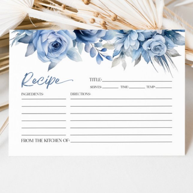 Dusty Blue Floral Flower Bridal Shower Recipe Card (Creator Uploaded)