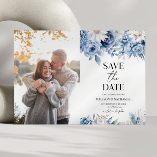 Dusty Blue Floral Flower Custom Picture Wedding Save The Date (Creator Uploaded)