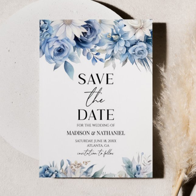 Dusty Blue Floral Flower Garden Wedding Save The Date (Creator Uploaded)