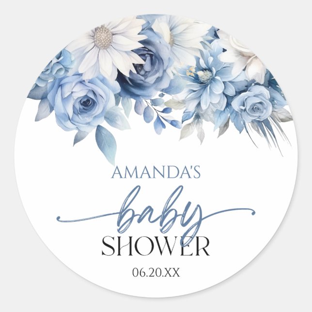 Dusty Blue Floral Flowers Baby Shower Classic Round Sticker (Front)