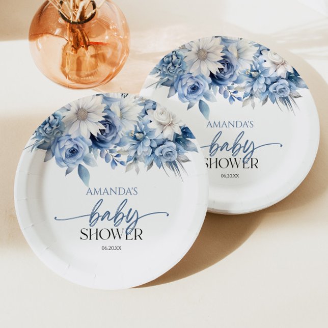Dusty Blue Floral Flowers Baby Shower Paper Plate (Creator Uploaded)