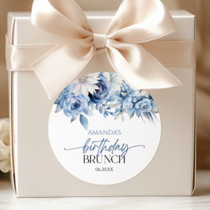 Dusty Blue Floral Flowers Birthday Brunch Party Classic Round Sticker