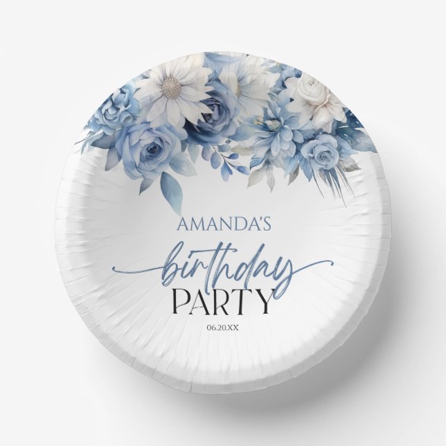 Dusty Blue Floral Flowers Birthday Party Paper Plate (Front)