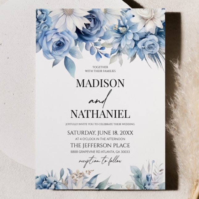 Dusty Blue Floral Flowers Botanical Wedding Invitation (Creator Uploaded)