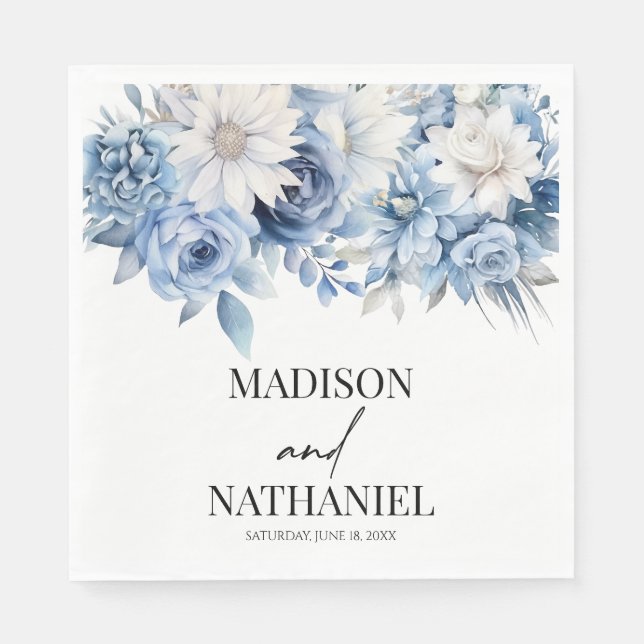 Dusty Blue Floral Flowers Botanical Wedding Napkin (Front)