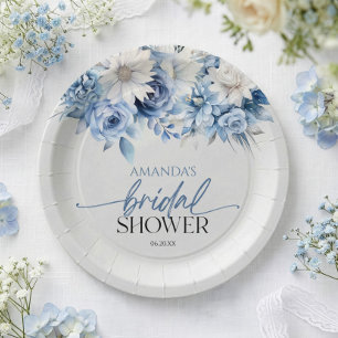 Dusty Blue Floral Flowers Bridal Shower Paper Plate