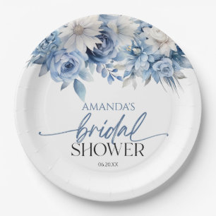Dusty Blue Floral Flowers Bridal Shower Paper Plate