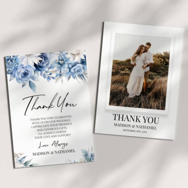 Dusty Blue Floral Flowers Custom Photo Thank You Card (Creator Uploaded)