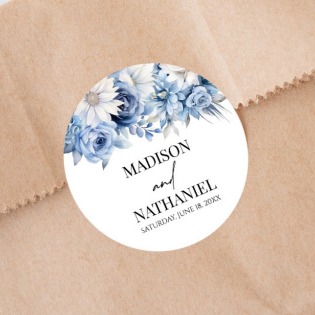 Dusty Blue Floral Flowers Garden Wedding Classic Round Sticker (Creator Uploaded)