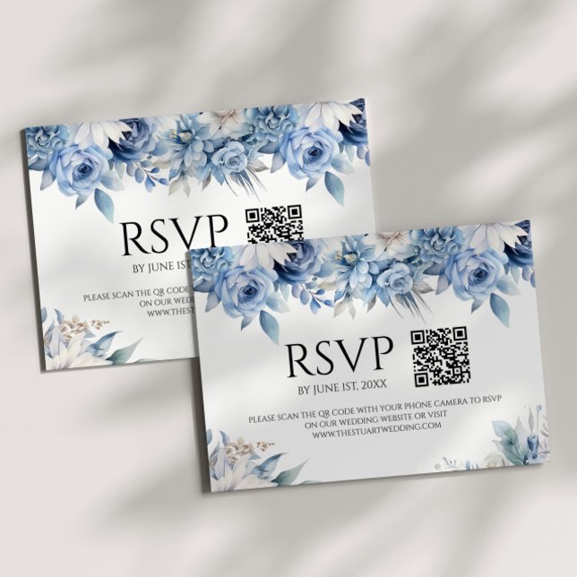 Dusty Blue Floral Flowers Garden Wedding QR Code RSVP Card (Creator Uploaded)