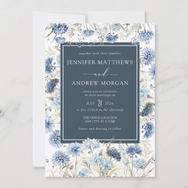 Dusty Blue Floral | Flowers Wedding Invitation (Front)