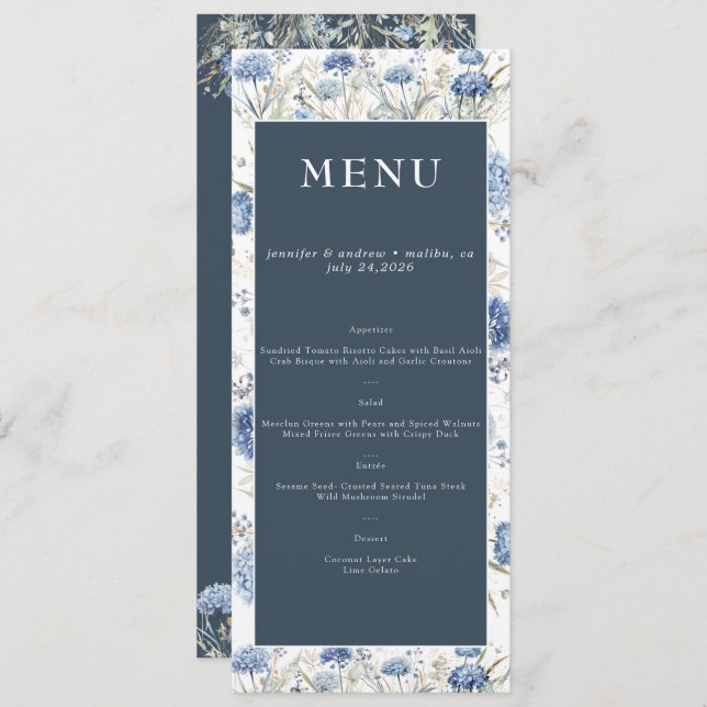 Dusty Blue Floral | Flowers Wedding  Menu (Front/Back)