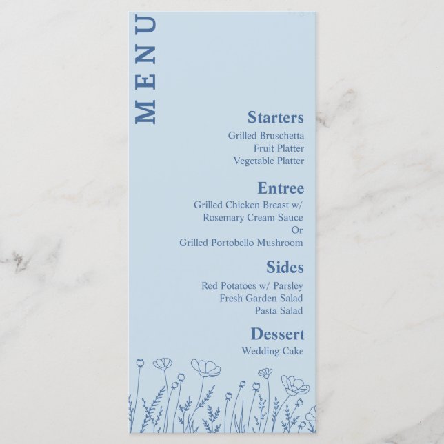 Dusty Blue Floral Food and Drinks Menu (Front)