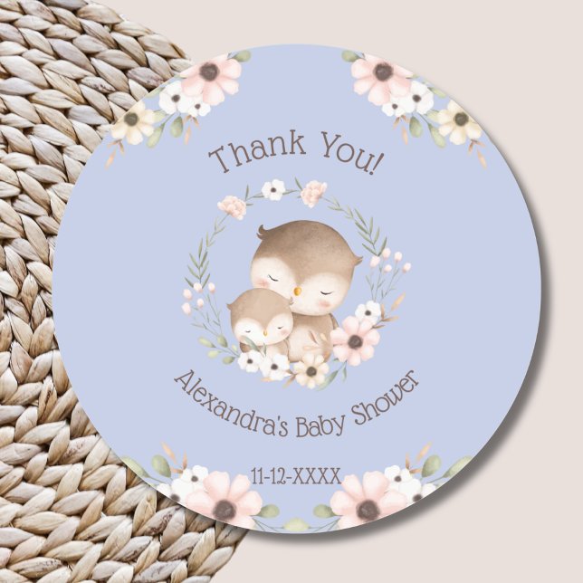Dusty Blue Floral Forest Owl Baby Shower Thank You Classic Round Sticker (Creator Uploaded)
