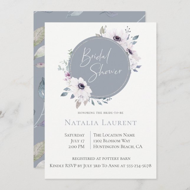 Dusty Blue Floral Frame Bridal Shower Invitation (Front/Back)