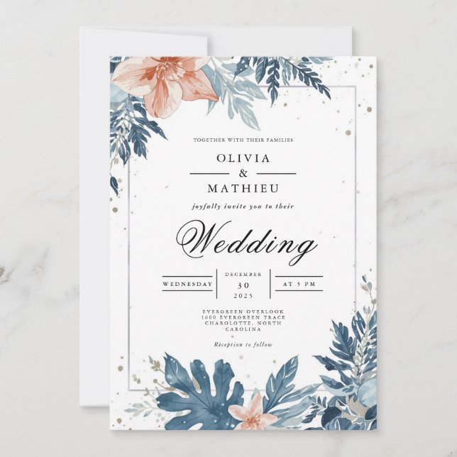 Dusty Blue Floral Frame Wedding Invitation (Front)