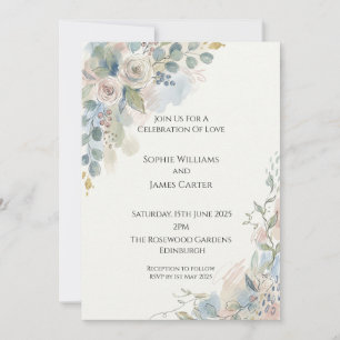 Dusty Blue Floral Frame Wedding Invitation