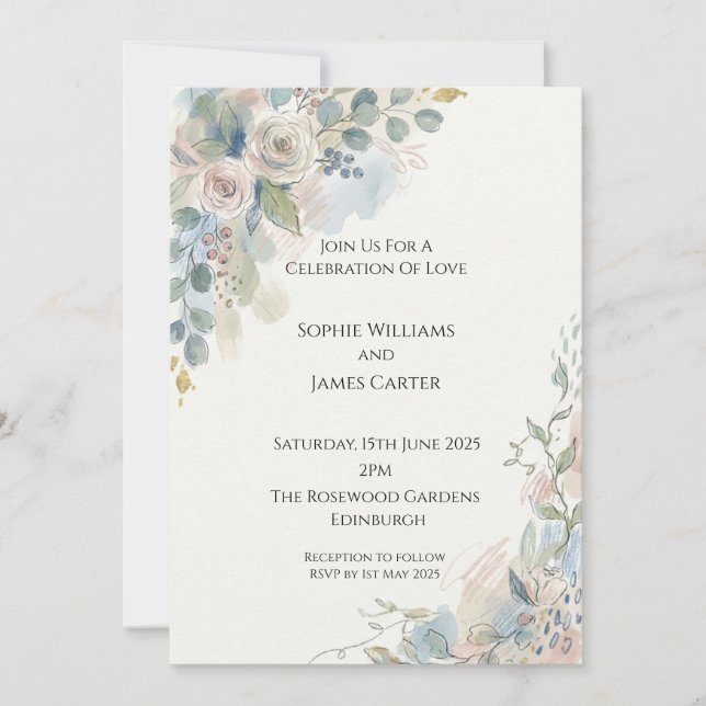 Dusty Blue Floral Frame Wedding Invitation (Front)