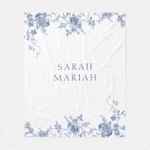 Dusty Blue Floral French Toile Personalized Fleece Blanket