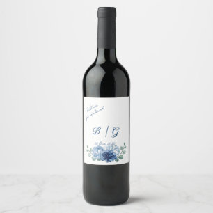 Dusty Blue Floral Funny Monogram Wedding Wine Label