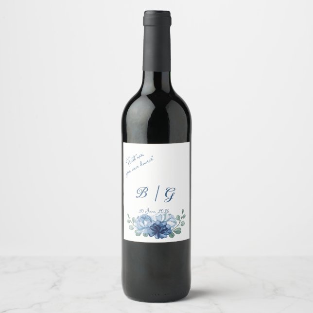 Dusty Blue Floral Funny Monogram Wedding Wine Label (Front)