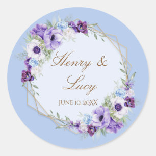 Dusty Blue Floral Garden Lush Frame Violet Lilac  Classic Round Sticker