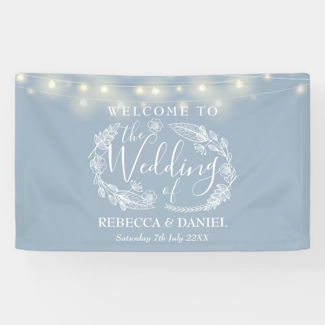 Dusty Blue Floral Garland Script Wedding Banner (Horizontal)