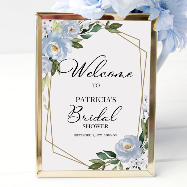 Dusty Blue Floral Geometric Bridal Shower Welcome Poster (Creator Uploaded)