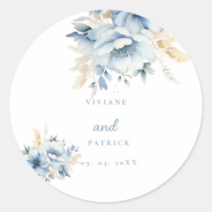 Dusty Blue Floral Geometric Frame Bloom Wedding  Classic Round Sticker