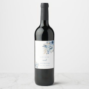 Dusty Blue Floral Geometric Frame Bloom Wedding  Wine Label