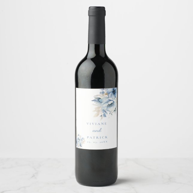 Dusty Blue Floral Geometric Frame Bloom Wedding  Wine Label (Front)